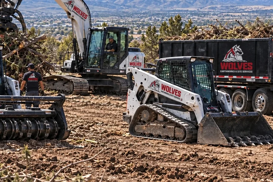 Wolves Earthworks excavator, skid steer, mulcher and dump truck with the crew on a Utah job site