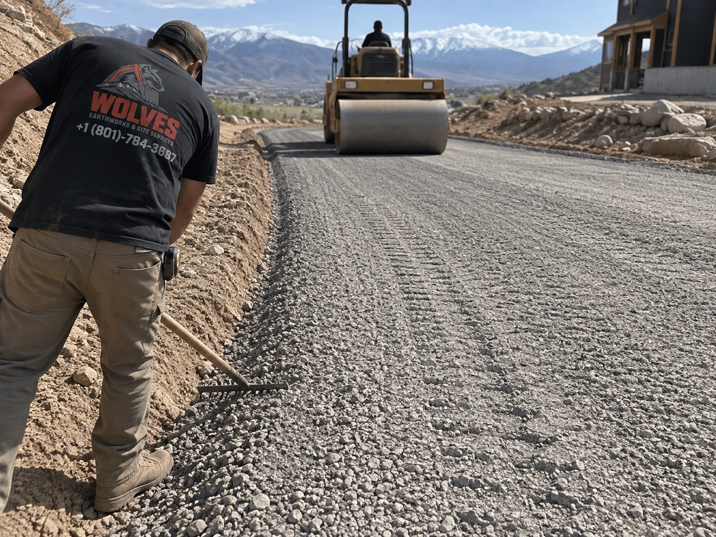 Smooth drum roller compacting road base on a Utah driveway while the crew rakes the edge
