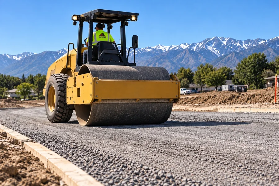 Roller compacting road base in lifts on a Utah job