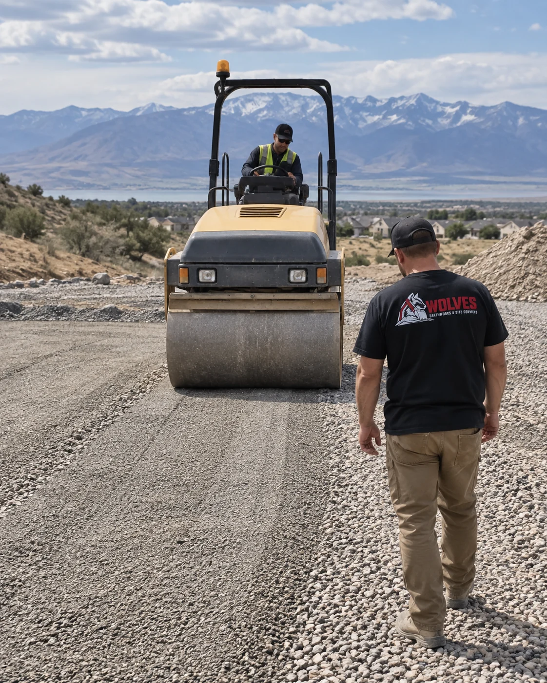 Wolves Earthworks compacting road base on a Utah driveway