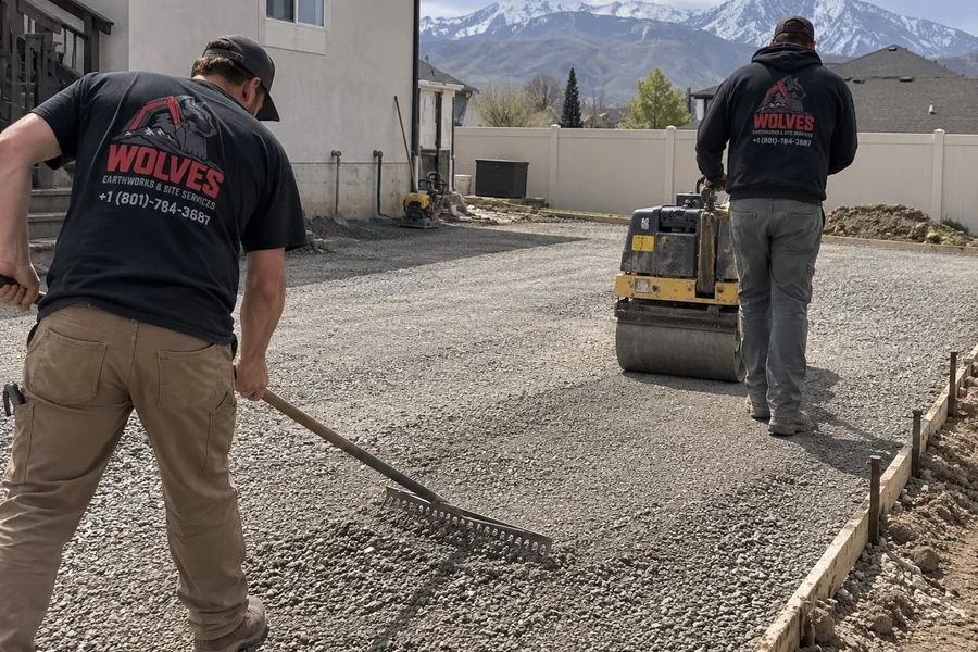Road base gravel being spread on a Utah driveway