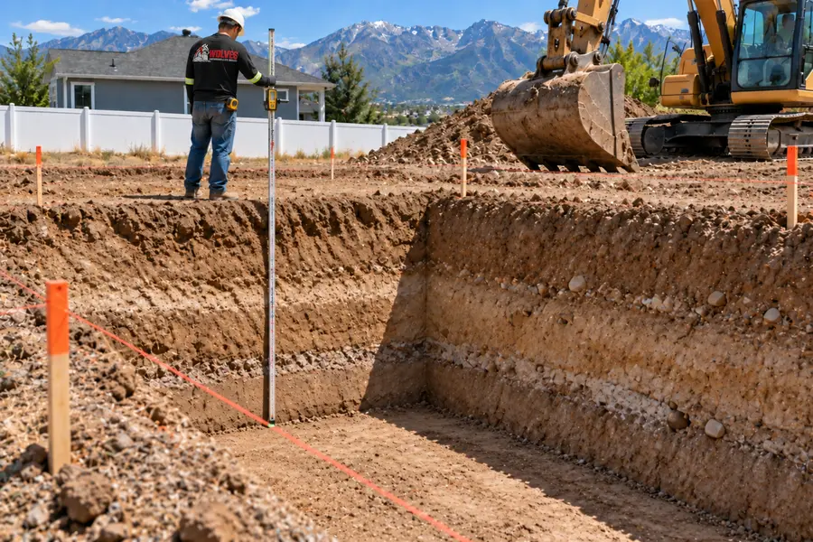 Wolves crew member checking grade on an excavated footing in Utah