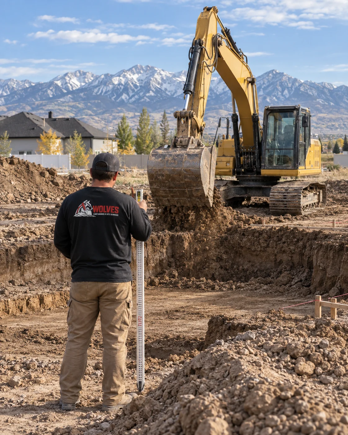 Wolves Earthworks operator checking grade on an excavated foundation, Wasatch range behind, Utah