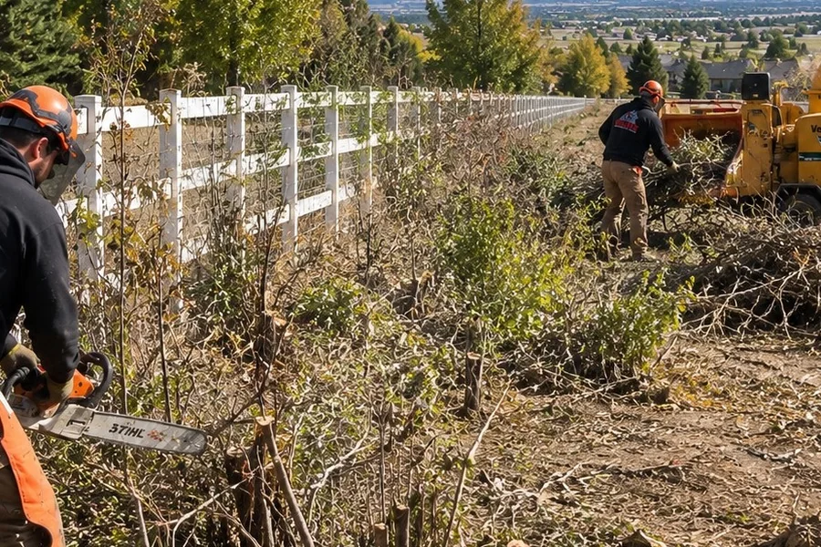 Wolves Earthworks crew clearing a fence line with chainsaw and chipper in Utah