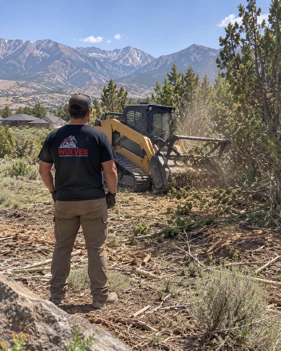 Wolves Earthworks crew clearing a lot in Utah with the Wasatch range behind
