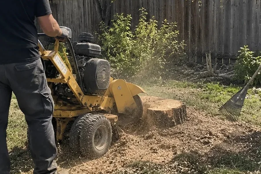 Wolves Earthworks stump grinder cutting a stump below grade in a Utah backyard