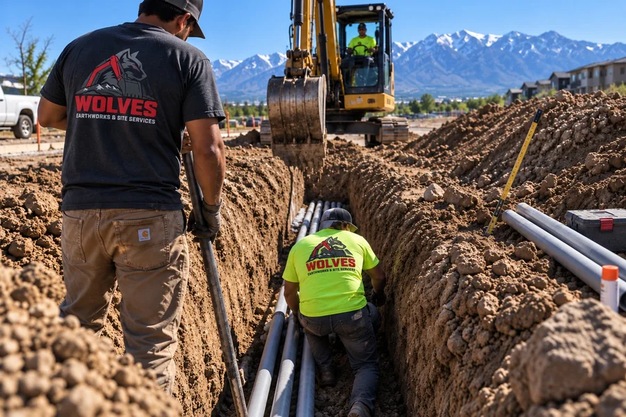 Close detail of conduit bedded in a utility trench