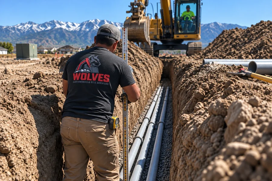 Excavator digging a utility trench with pipe staged alongside in Utah