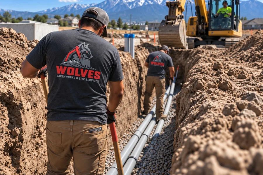Pipe being installed in an open utility trench in Utah