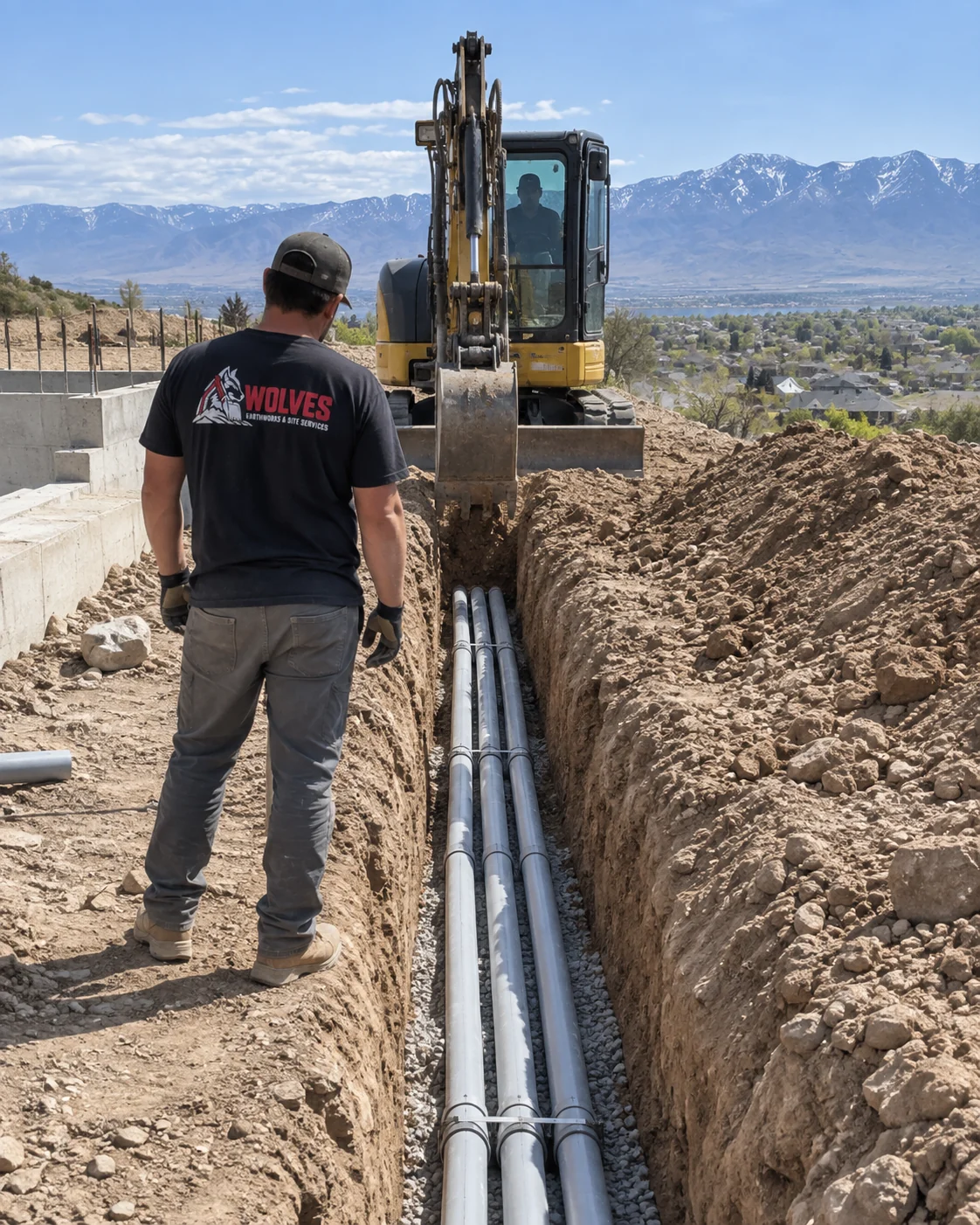 Wolves Earthworks crew installing utility conduit in an open trench in Utah